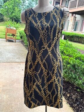 Classic Black Dress with Gold Chain Print